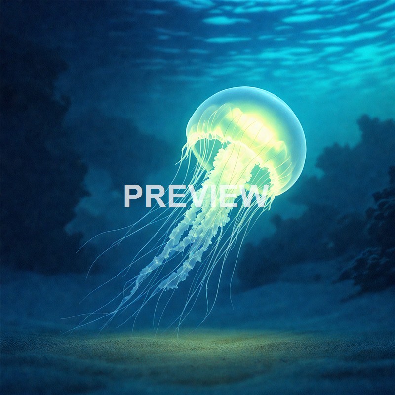 A glowing jellyfish with long, trailing tentacles floating in the dark ocean against a backdrop of deep blue water and faint light patterns.